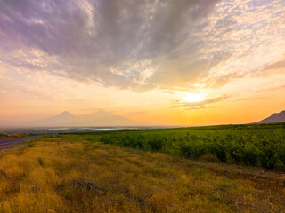 Obraz premium Beautiful sunset over grassy plains with mountain backdrop