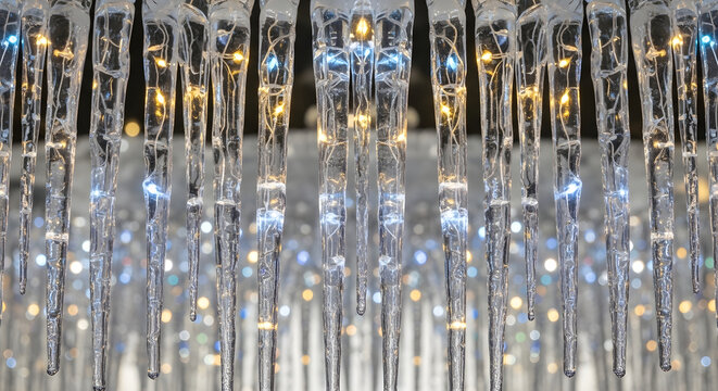 Close-up View of Sparkling Crystal Chandelier Prisms Featuring Elegant Icicle Design with Glowing Warm and Cool Lights Creating Luxurious Atmosphere