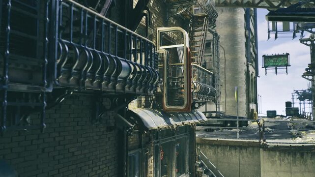 dusk alley with warm neon reflections on brick and metal, cinematic color contrast, moody urban scene with empty pathway and glowing highlights