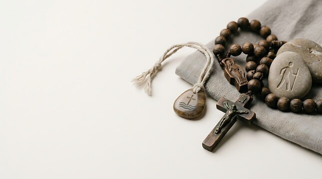 Catholic rosary beads and pilgrimage stones on a neutral background