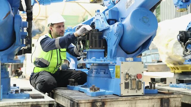 Male robotics engineer knowledge skills inspect electrical systems power supplies and sensors welding robots various points ensure quality welding robot before performing full electrical system test.