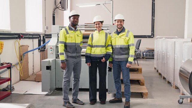 Portrait of three factory workers wearing safety helmets and reflective jackets standing together and smiling confidently near industrial machine. Team symbolizing cooperation and professionalism.
