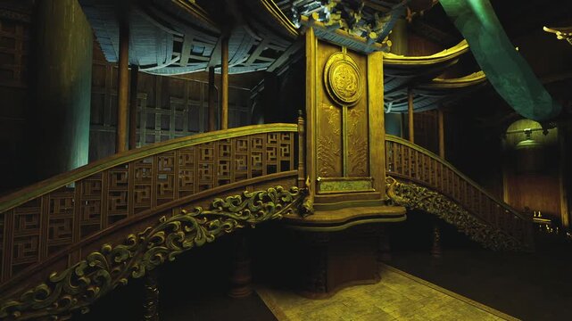 Dim temple interior with gilded staircase, carved railing and warm lantern glow curved balustrade leads to shadowed gallery, lacquered wood panels show patina,