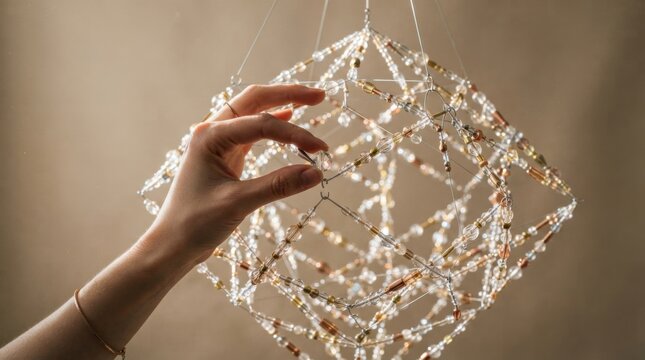 Person holding a string ball while adding bead to structure for critical mass business strategy development