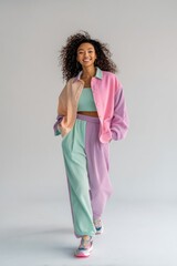 Fototapeta premium Smiling woman in colorful pastel outfit walking confidently indoors.