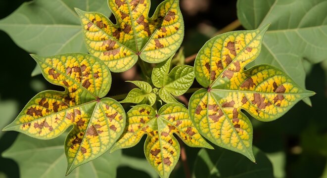 Cotton leaves showing signs of disease with yellowing and brown spots, infection