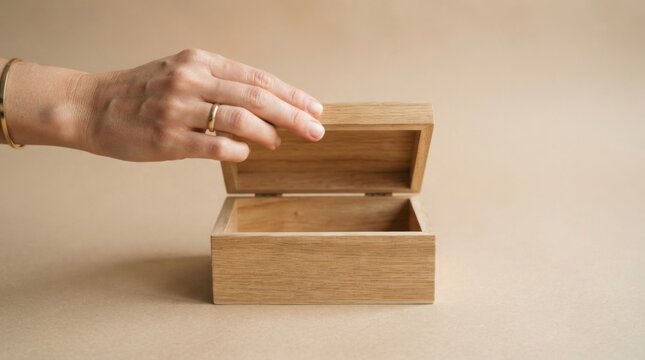 Individual's hand gently opening a wooden box to reveal new opportunities and secrets within