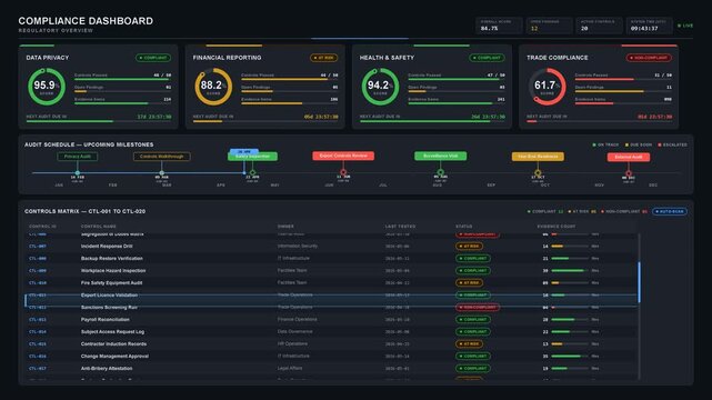 A comprehensive compliance dashboard displaying regulatory categories with status cards, timelines, and control matrices for effective monitoring and management of compliance metrics.
