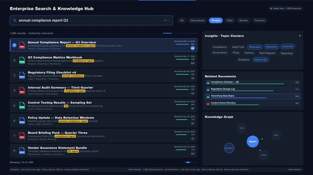 Explore a comprehensive enterprise search and knowledge hub interface featuring a full-width search bar, filter options, and detailed search results with insights and metadata.