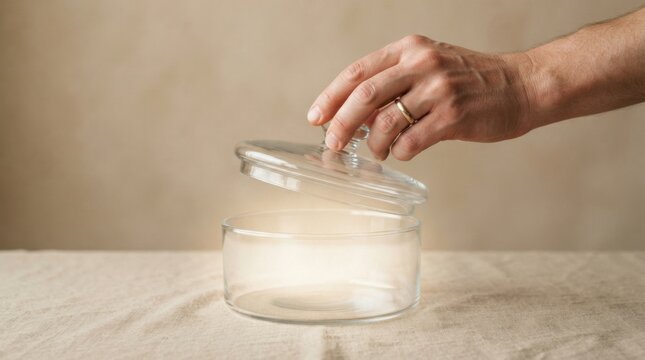 Person lifting a transparent lid from a glass jar to place a candle inside representing intangible business value and care