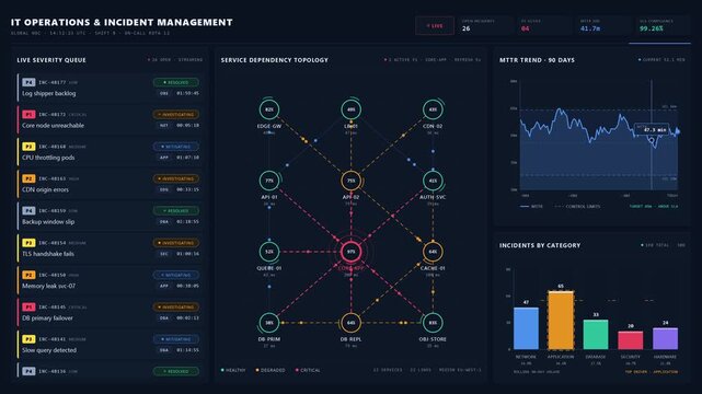 A comprehensive incident management dashboard featuring a tri-column layout with severity queues, topology diagrams, and trend charts on a dark navy background.