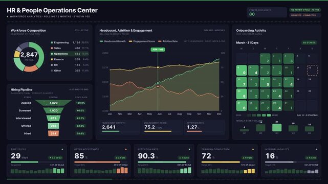 Explore a warm-neutral HR and People Operations dashboard featuring various charts, KPI tiles, and a heatmap for onboarding activities, designed for insightful workforce analysis.