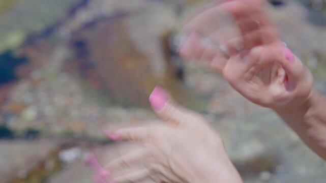 Woman's hands gently releasing a small snail into a rock pool
