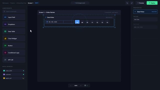 Explore a no-code low-code builder interface featuring a canvas layout with draggable component blocks and a partially built application wireframe on a light neutral background.