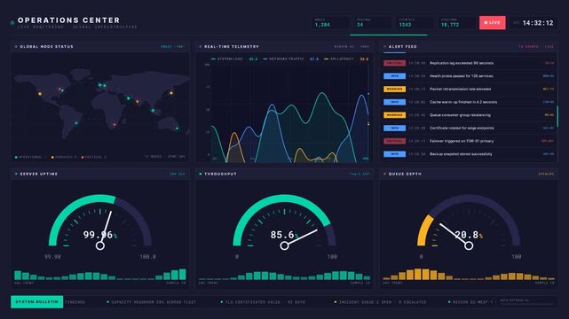 A sleek operations center featuring live monitoring with a dark grey aesthetic, showcasing a world map, real-time charts, and gauge indicators for system performance.