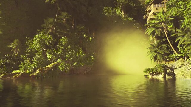 Misty river at golden dawn jungle shoreline bathed in warm haze, dense emerald canopy reflecting on glassy water, delicate fog drifting through trees, tranquil