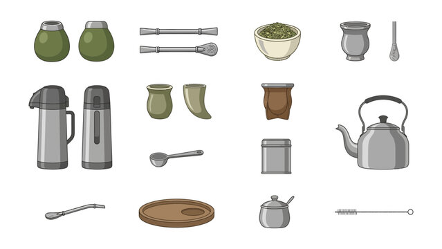 Set of traditional south american yerba mate drink accessories including wooden gourds, metal bombilla straws, thermal flasks, tea pots and herbal ingredient bowls for a classic beverage ritual Vector