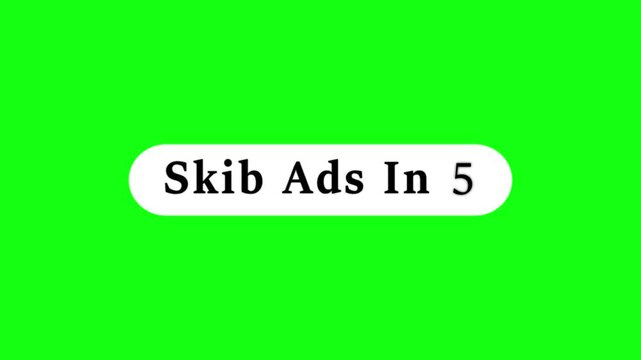 Skip ads countdown button animation from 9 to 0 seconds on green background, video ad overlay motion graphic.