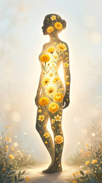 Aymbolic human silhouette filled with blooming yellow flowers and soft glowing light, representing emotional healing, resilience, hope, personal growth, Yellow September awareness, autocide prevention
