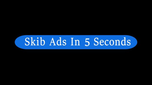 Skip ads countdown button animation from 9 to 0 seconds on black background, video ad overlay motion graphic.