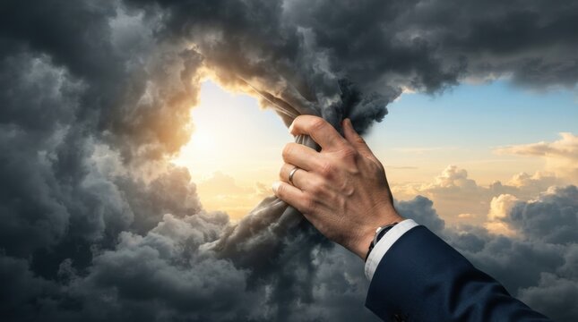 Hand reaching for a cloud symbolizing business optimism and the pursuit of dreams against a bright sky
