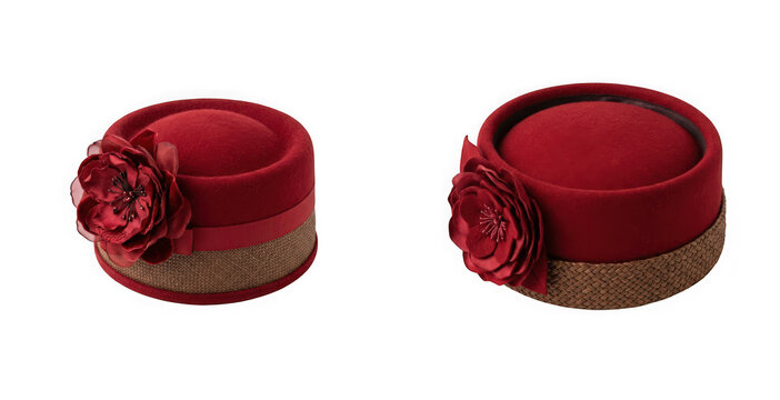 Two red pillbox hats with floral accents isolated on transparent background