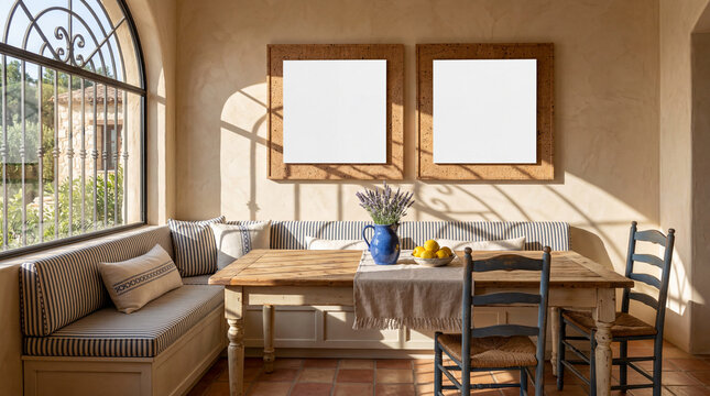 Rustic dining room with wooden table striped bench and blank frames for interior design mockup or real estate staging