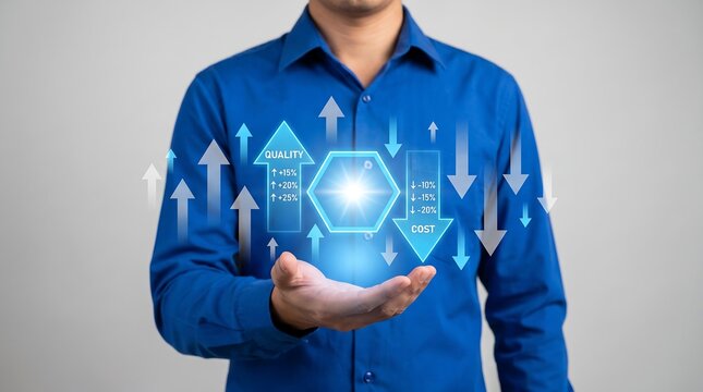 A person in a blue shirt holding a holographic interface showing business optimization concepts of increasing quality and decreasing costs