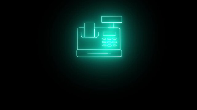 Neon glowing cash register icon in cyan on black background a sign featuring a simplified centered on dark retail shop commerce