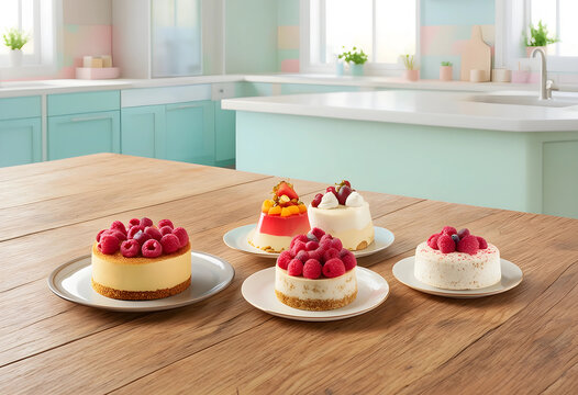 Assortment of gourmet mini cheesecakes and fruit desserts on a rustic wooden table in a modern kitchen setting