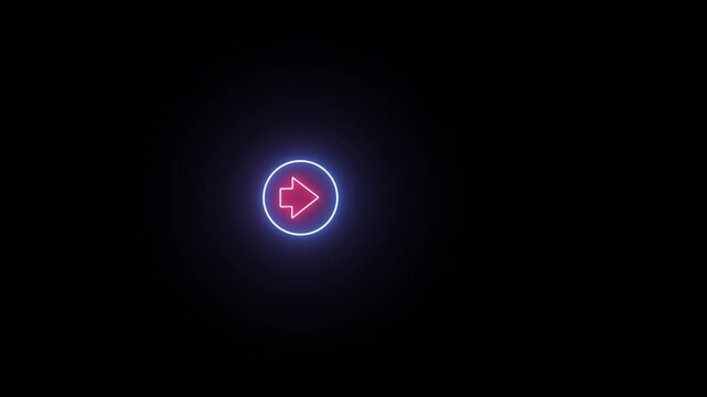 Neon glowing arrow symbol inside a circle on black background a red pointing right, enclosed within blue circle, set against solid