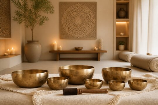 Tibetan singing bowl set on table in spa room. Brass metal bowls for sound healing therapy, meditation and relaxation. Traditional instrument for spiritual practice and mindfulness.