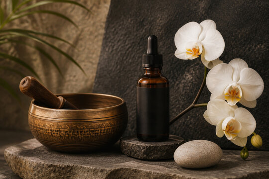 Tibetan singing bowl with wooden mallet next to essential oil dropper bottle and white orchid flower on stone surface. Zen spa composition for meditation, relaxation and aromatherapy.