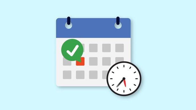 Daily Calendar Date icon with check mark icon animation on transparent background with alpha channel. Animated date calendar icon concept. calendar and rotating clock icon.