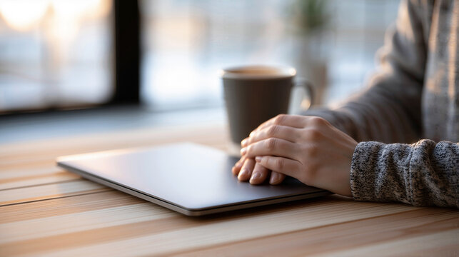 Person sitting at a desk with hands resting on a closed laptop taking a break in a bright office setting with wide negative space