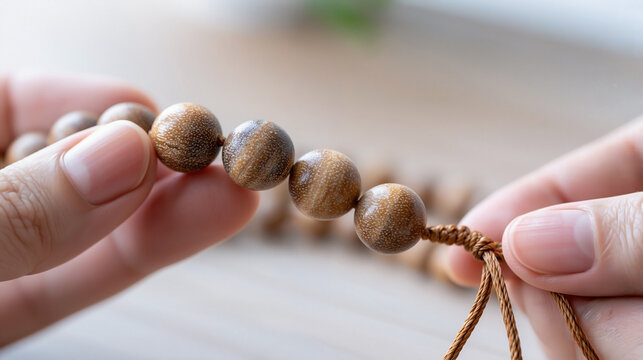 Fingers threading wooden mala beads onto a cord with bead texture and skin detail on a neutral background in a meditation setting