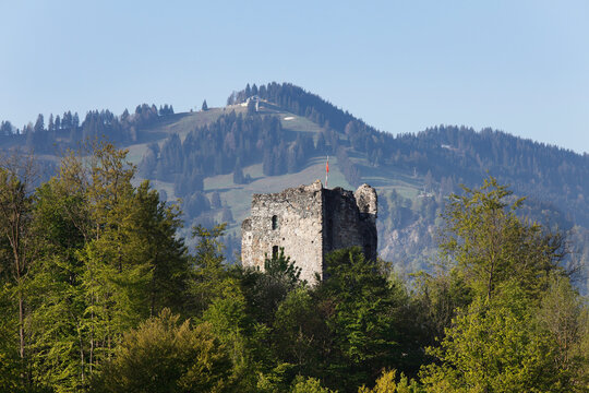 Germany, Bavaria, Swabia, Allgaeu, Oberallgaeu, Immenstadt, View of Laubenbergerstein castle ruin