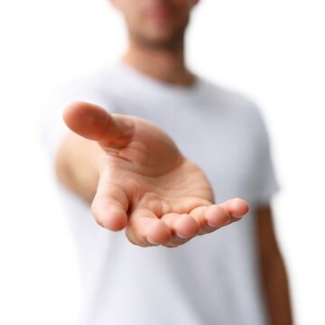 Outstretched hand of a person in a white shirt, inviting gesture.