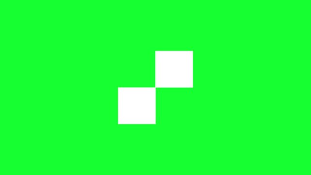 Pixel loading animation with two white squares blinking sequentially on green screen background. Modern minimalist preloader graphic overlay for UI UX.