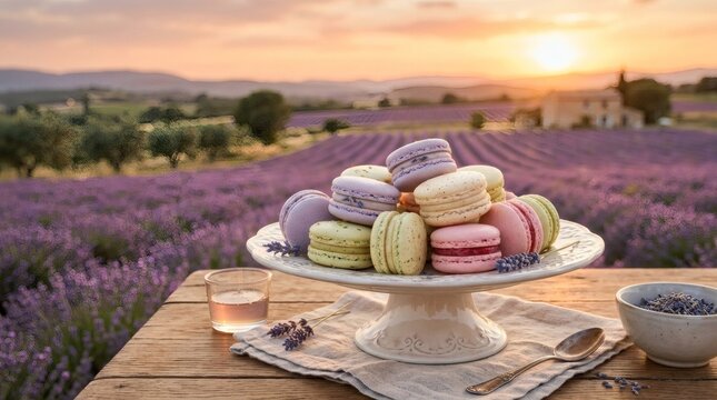 Colorful Macarons Dessert Plate Lavender Field Sunset Landscape France