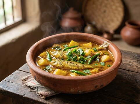 Fish Curry Stew Clay Bowl Rustic Table Food Dining