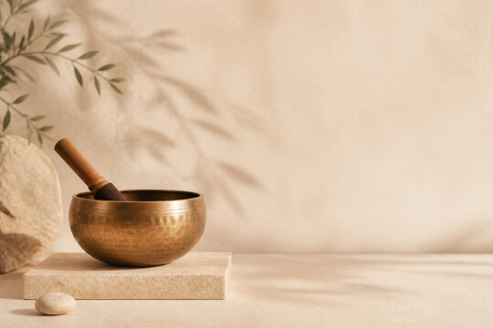 Tibetan singing bowl with wooden mallet on stone pedestal. Concept of sound therapy, meditation and relaxation. Zen background for mindfulness practice and spiritual wellness.