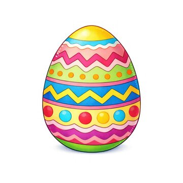 Colorful Easter egg with zigzag and dot patterns on a white background.