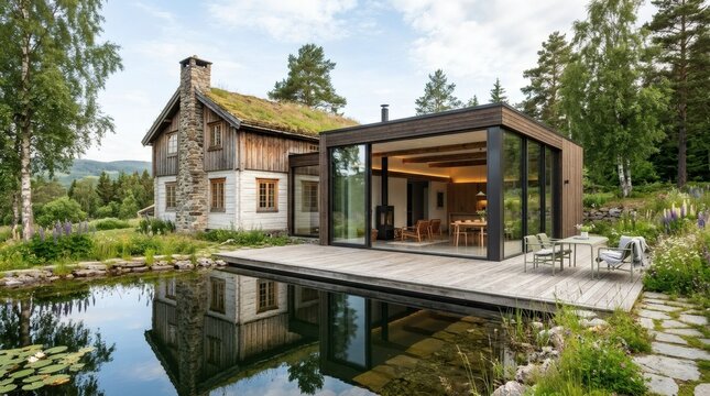Modern Cabin House Green Roof Pond Reflection Forest Landscape