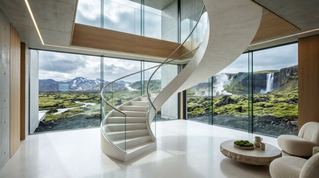 Modern Luxury Living Room Window View Iceland Waterfall Landscape