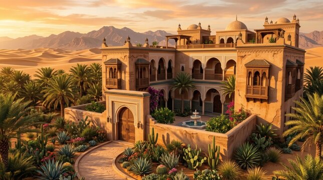 Moroccan Riad Oasis Desert Landscape Sunset Architecture Exterior