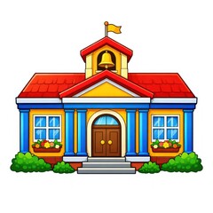 Fototapeta premium Colorful cartoon school building with red roof and bell tower.