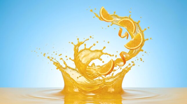 Orange Splash Juice Flying Cubes Liquid Dynamic Refreshment Beverage