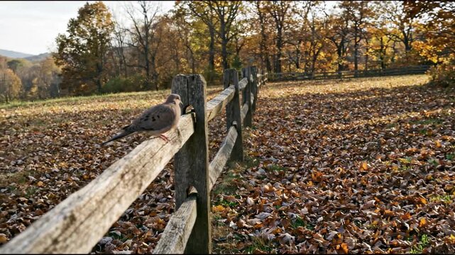 Mourning dove perched on a rustic wooden split rail fence in autumn
