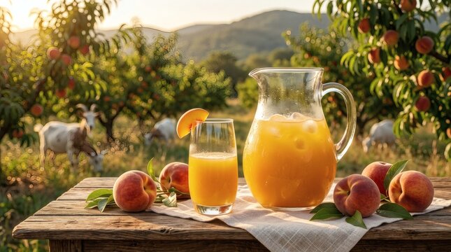 Peach Juice Pitcher Glass Wooden Table Goat Orchard Landscape